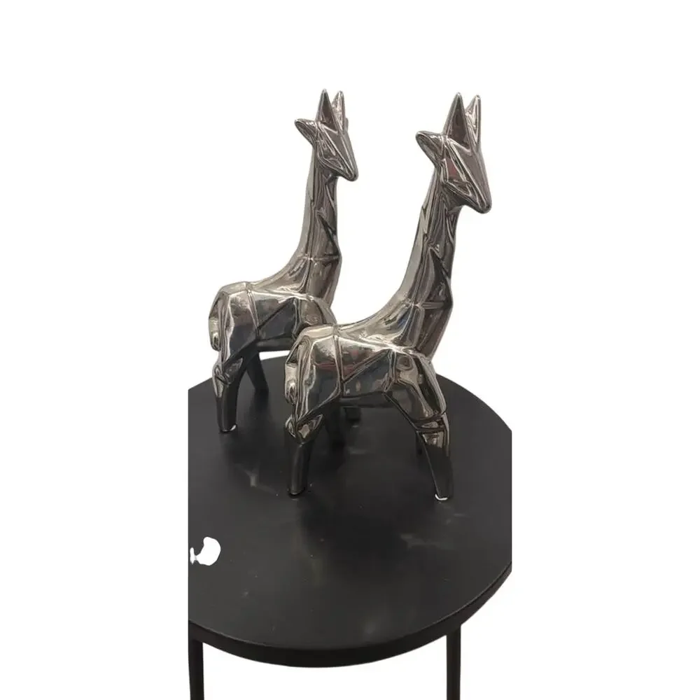 Pair of Modern Silver Geometric Giraffe Figurines 12”
